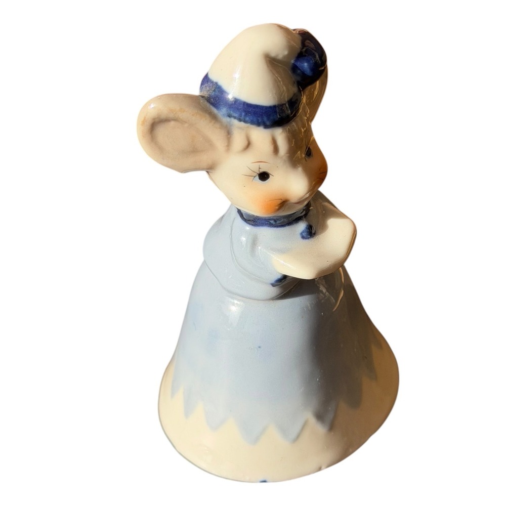 Vintage Ceramic Mouse Bell Figurine Blue Dress Bonnet Hand Painted Kitsch Decor - Picture 6 of 10